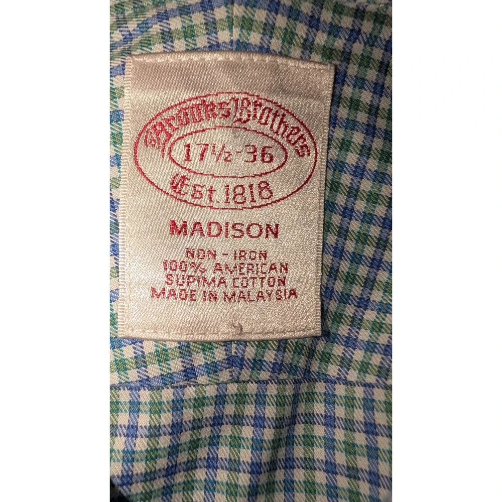 Brooks Brothers Madison Dress Shirt Mens 17.5 36 Blue Green Check Non-Iron